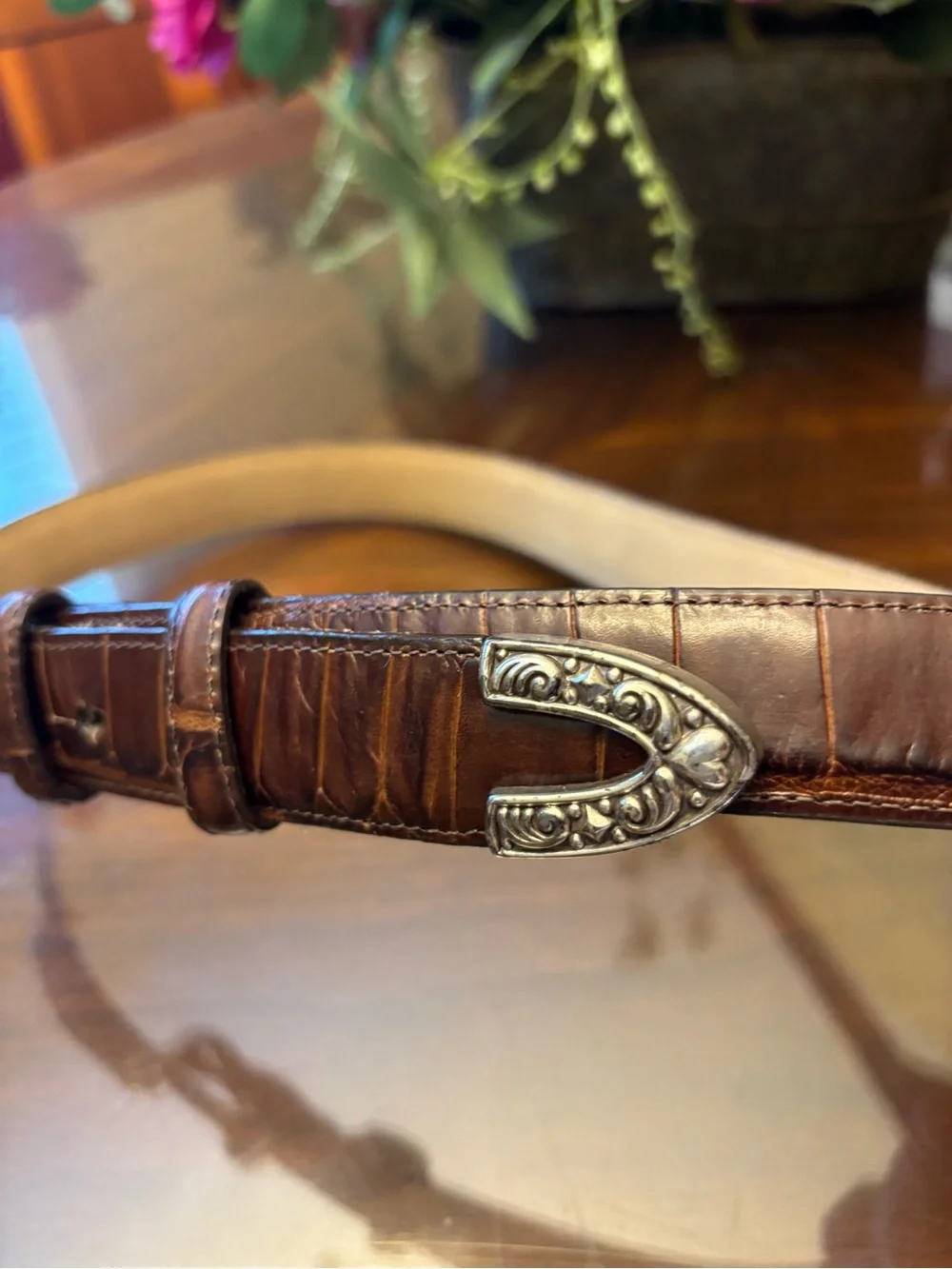 Brighton Brown Leather Belt with Silver Crown Buckle